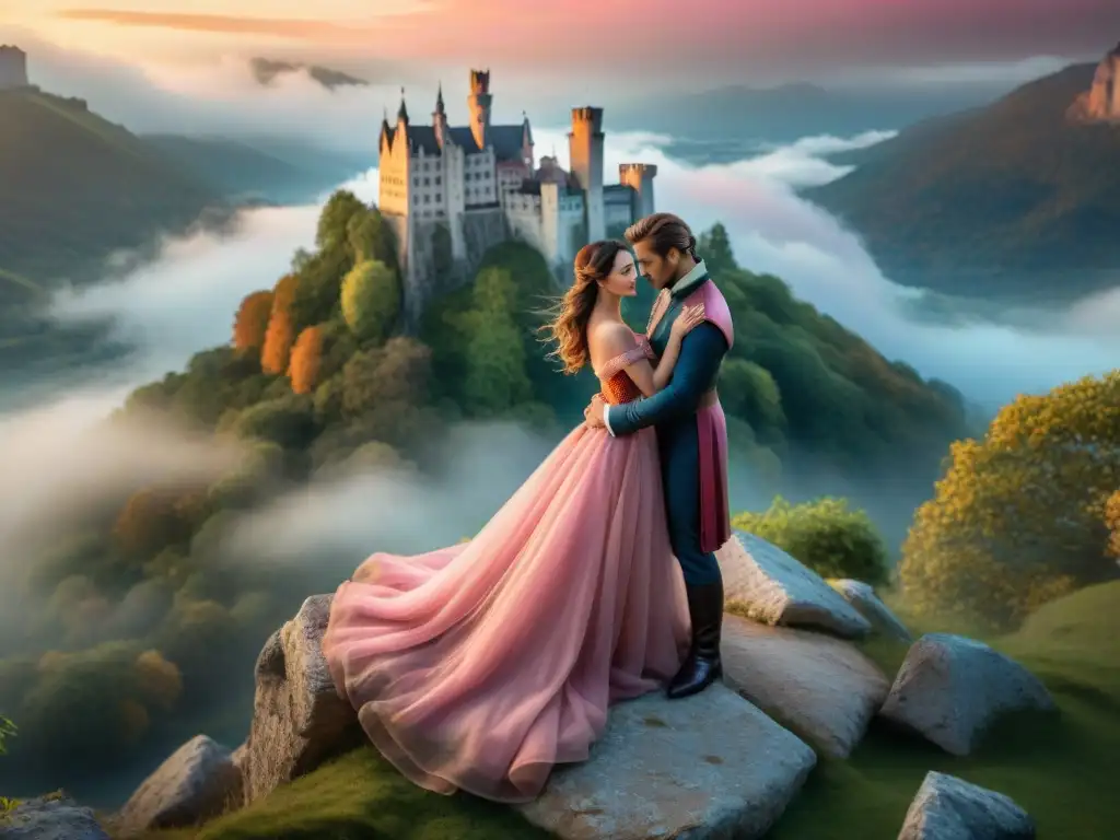 Una pareja se abraza en un castillo medieval al atardecer, en un escenario de amor en reinos mágicos