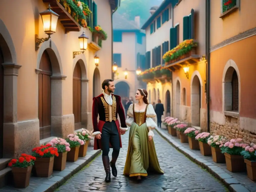 Un paseo romántico en Verona, con vestimenta renacentista y flores vibrantes, evoca la exploración de universos ficticios y culturas