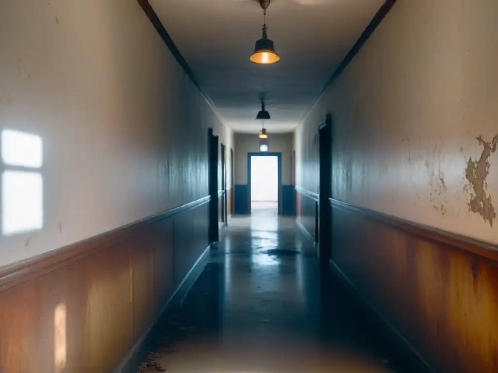 Pasillo abandonado de hospital psiquiátrico con aura de misterio