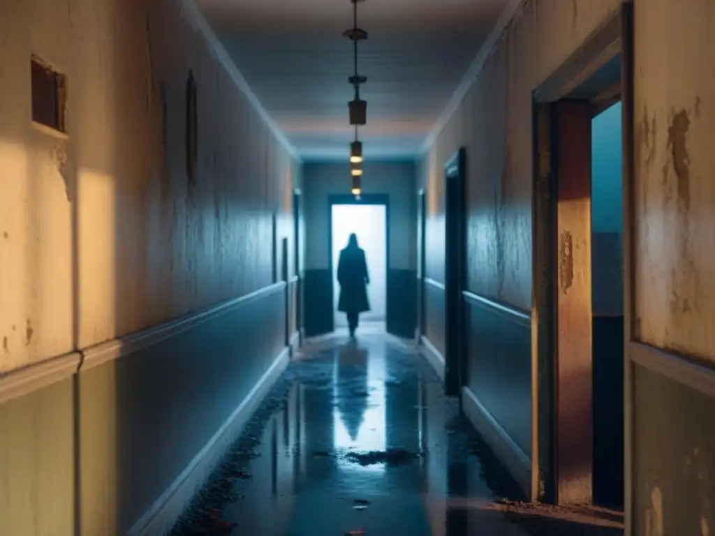 Un pasillo sombrío en un asilo abandonado, con luces parpadeantes que proyectan sombras inquietantes en las paredes descascaradas