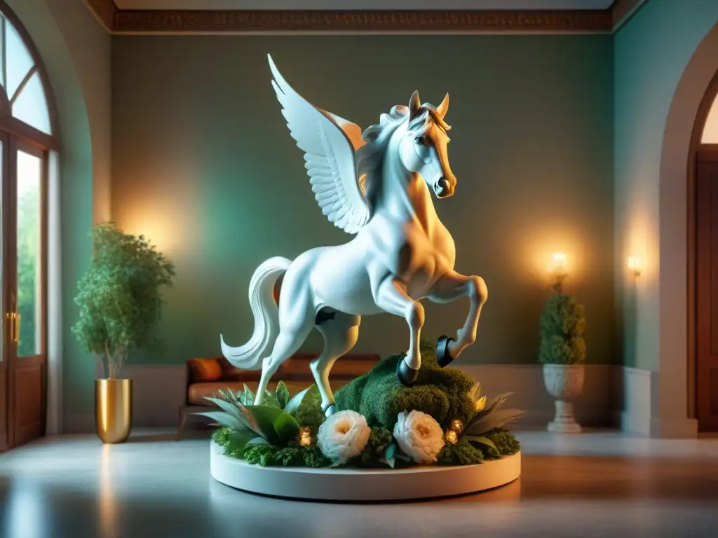 Réplica de Pegaso mitológico en lujoso salón griego, capturando la esencia de la decoración hogareña