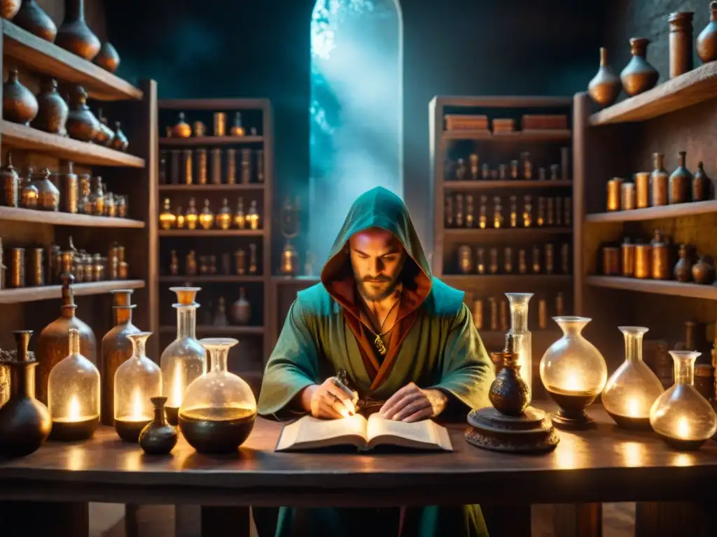 En la penumbra, un alquimista trabaja en su laboratorio antiguo, rodeado de cristalería, pociones y símbolos místicos
