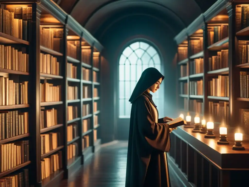 En la penumbra de una biblioteca antigua, un misterioso ser toca un libro con símbolos luminosos, evocando lenguajes ocultos en literatura oscura