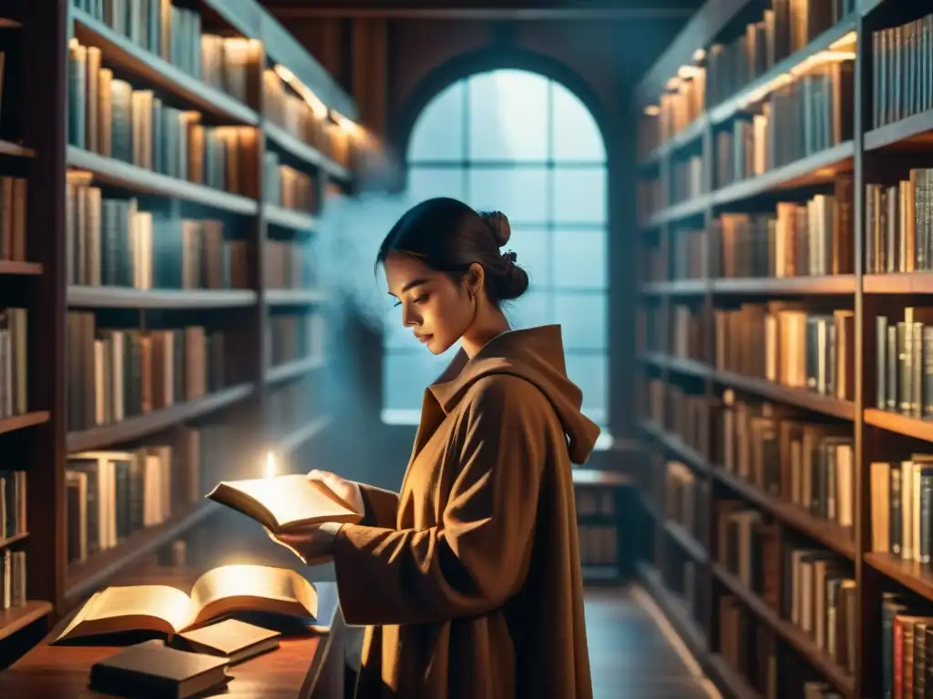 En la penumbra de una biblioteca mágica, una figura misteriosa se acerca a un libro brillante