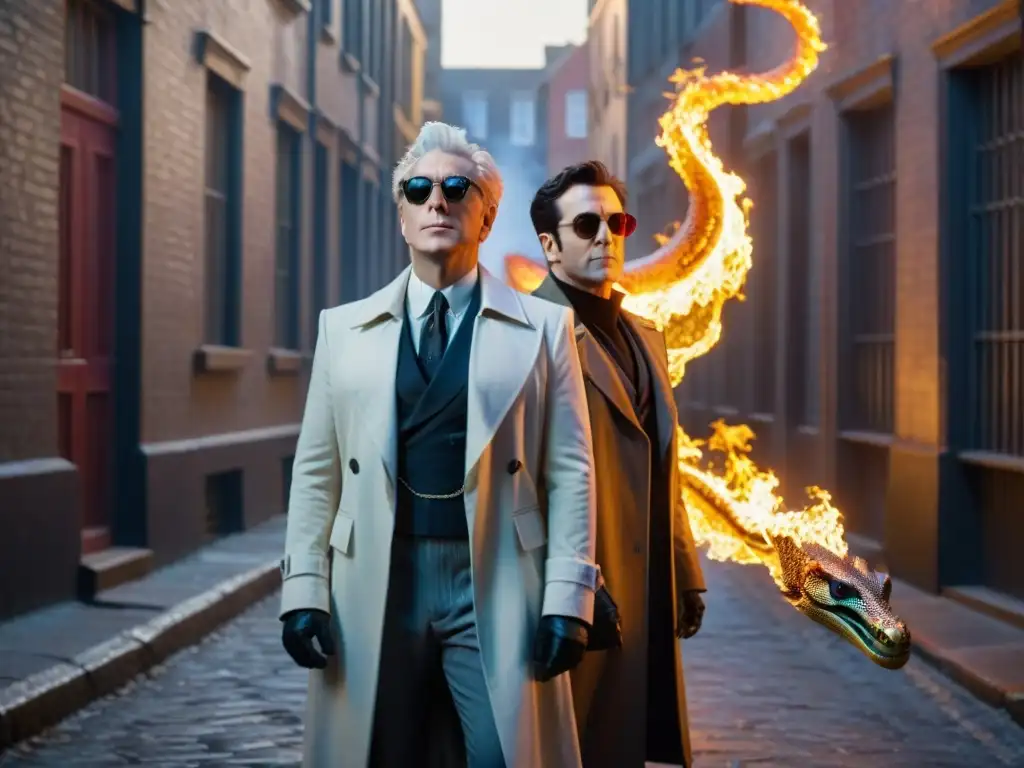 En la penumbra de un callejón, Aziraphale y Crowley de 'Good Omens' se enfrentan, reflejando la dualidad celestial y demoníaca