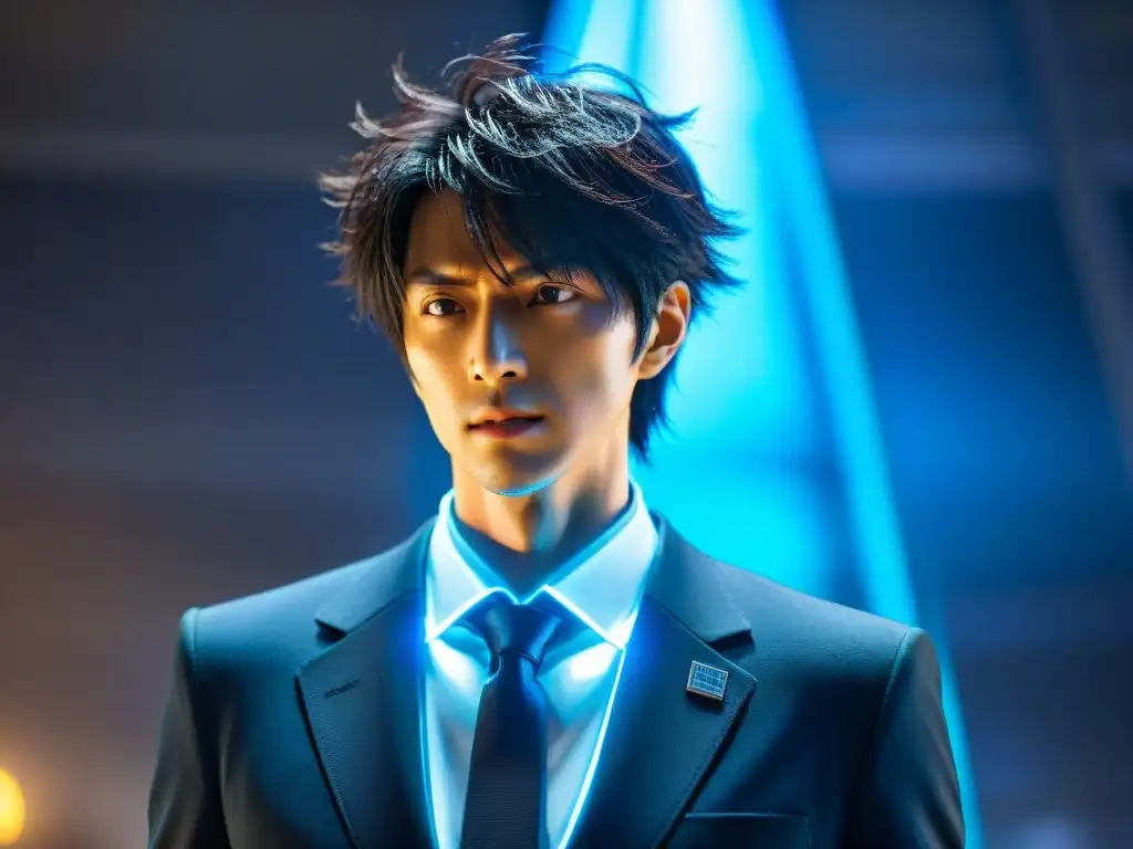 En la penumbra, Shinya Kogami enfrenta su dilema ético, con su rostro iluminado por el análisis del PsychoPass