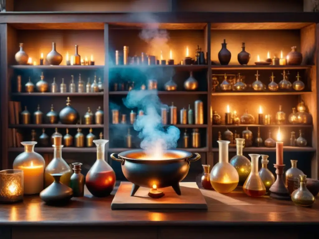 En la penumbra de un laboratorio de alquimia antigua, repleto de misterios y magia