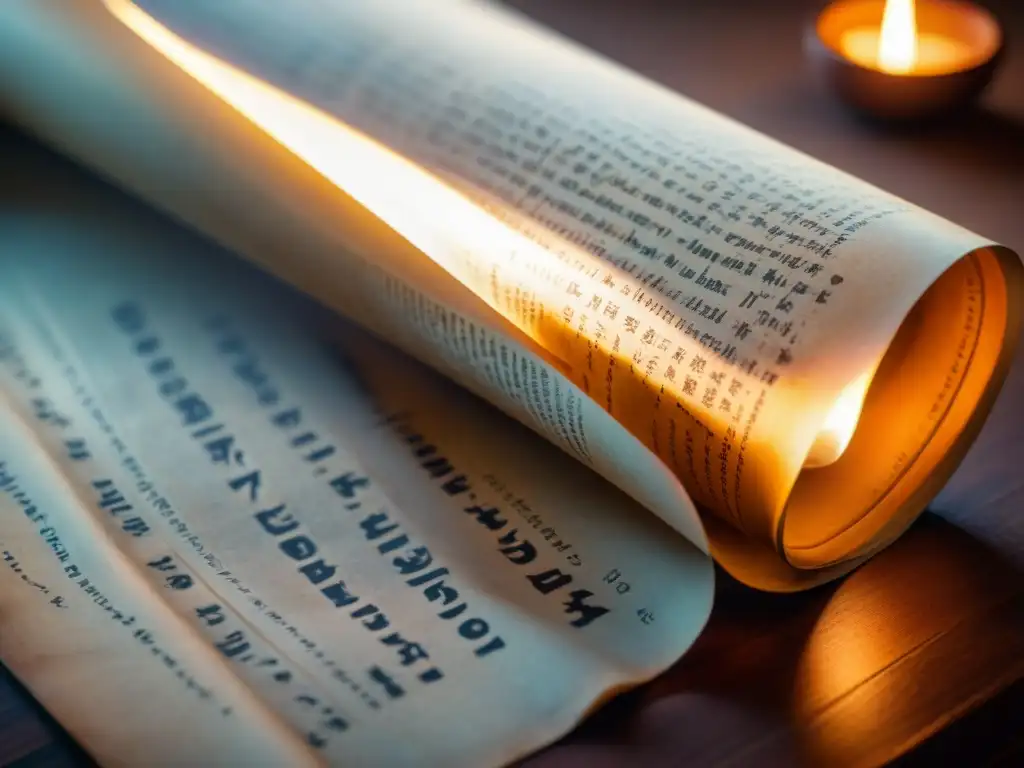 Un pergamino envejecido se despliega, revelando caligrafía en un idioma ficticio, iluminado por el fuego en una biblioteca antigua