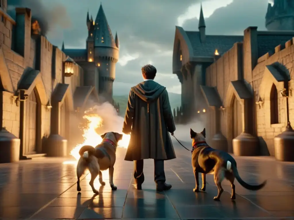 Harry Potter desafiando al perro de tres cabezas en un oscuro calabozo, fusionando la influencia de la mitología griega con el mundo del mago