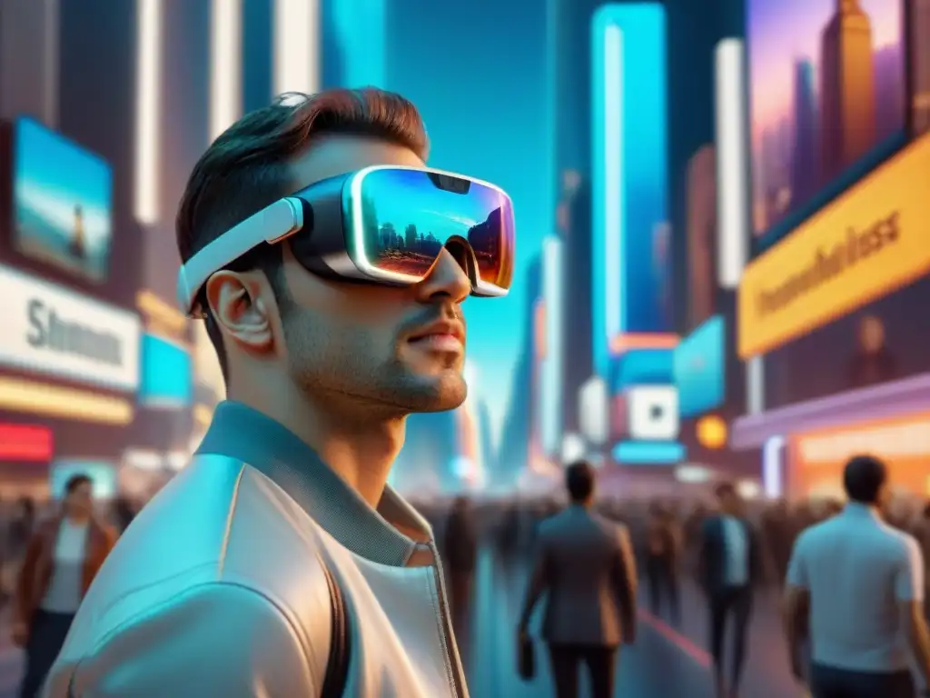 Persona asombrada usando gafas de realidad aumentada en ciudad futurista llena de hologramas y tecnología avanzada