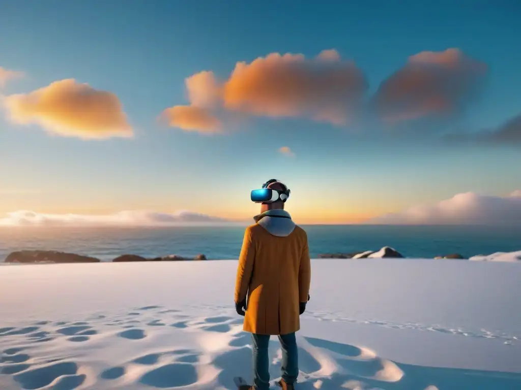 Persona con auriculares de realidad virtual en playa futurista, interactuando con objetos oníricos, inspirado en 'Eternal Sunshine'