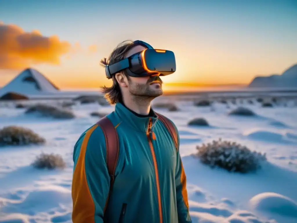 Persona con auriculares de realidad virtual en un paisaje digital surrealista y sereno, inspirado en 'Eternal Sunshine'