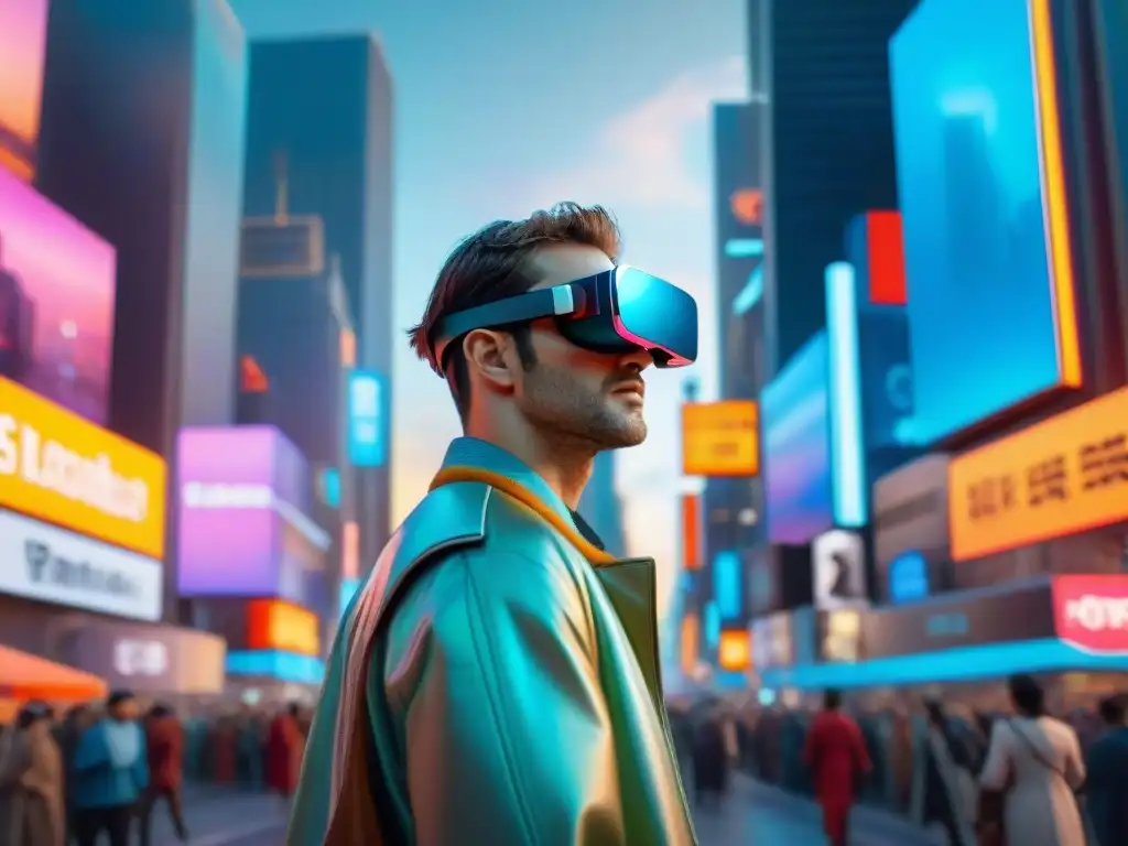 Persona con gafas de realidad aumentada en ciudad futurista, fusionando lo real con lo digital