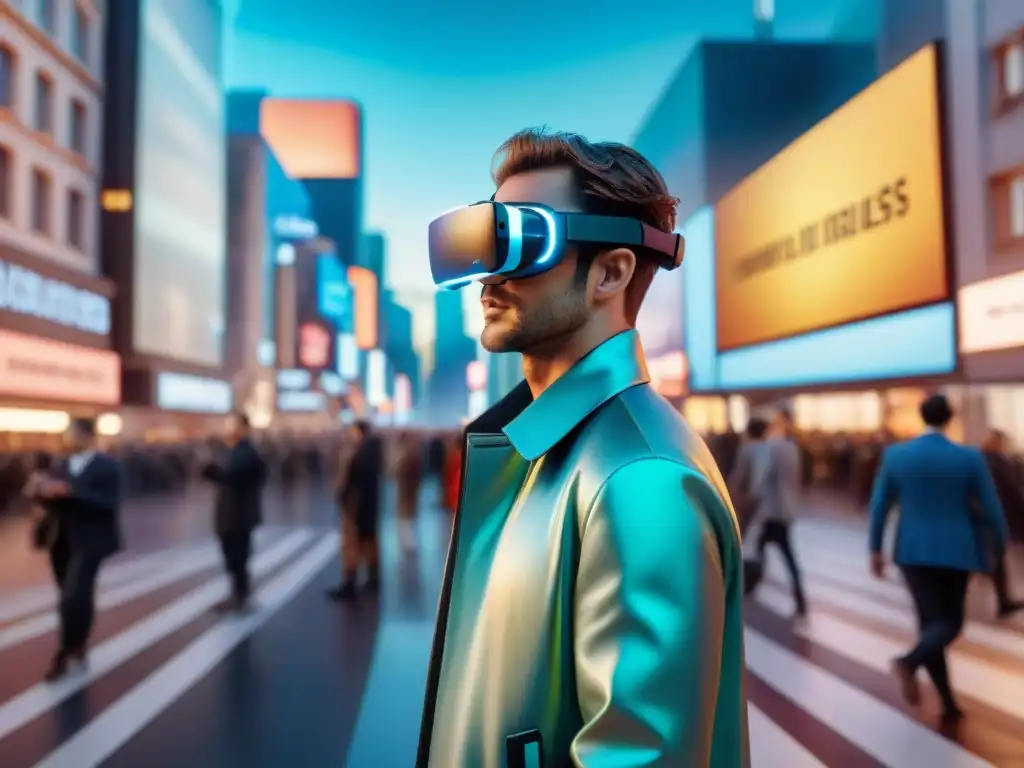 Persona inmersa en mundo virtual futurista con lentes de realidad aumentada