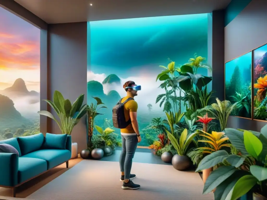 Persona explorando mundos ficticios en realidad aumentada en sala futurista convertida en vibrante jungla exótica