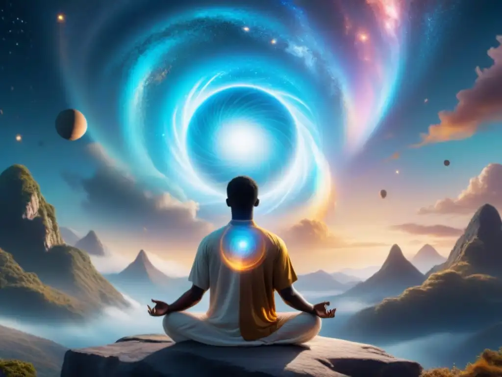 Personaje meditando en un aura brillante, fusionando con energía cósmica