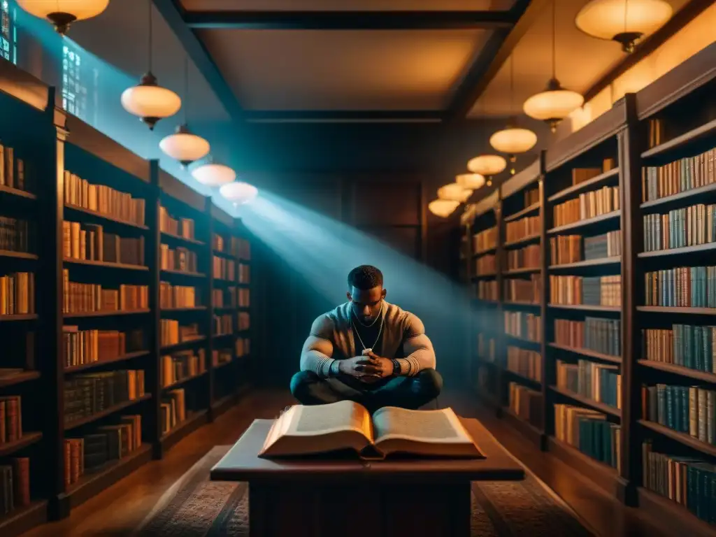 Un personaje de fantasía reflexivo en una biblioteca misteriosa, iluminada por orbes mágicos