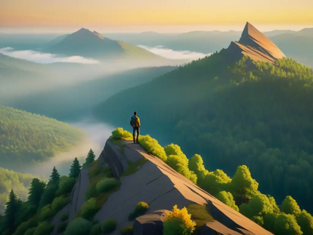 Un personaje solitario contempla un bosque desde un acantilado al atardecer en 'Firewatch'