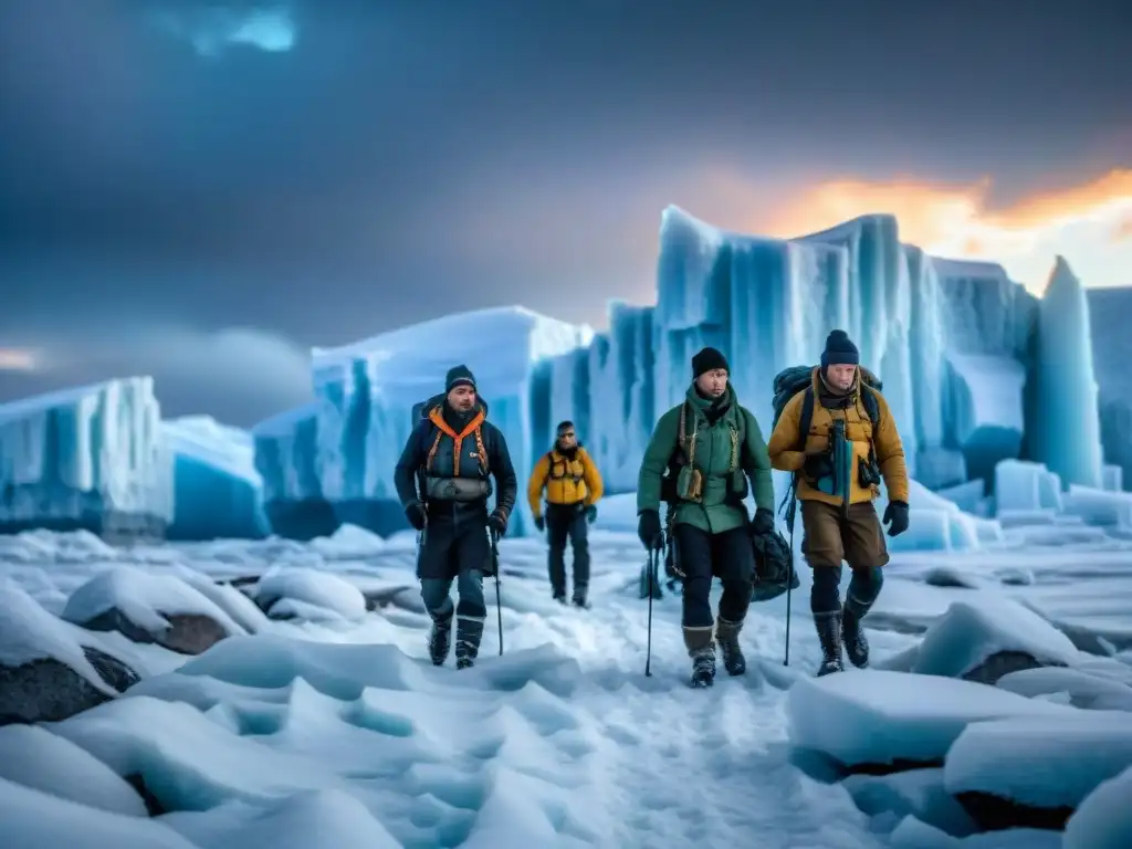 Adaptación de personajes a climas extremos en paisaje gélido y tormentoso