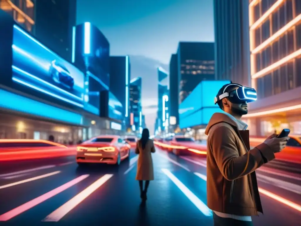 Personas con visores de realidad virtual interactúan en una ciudad futurista de neón