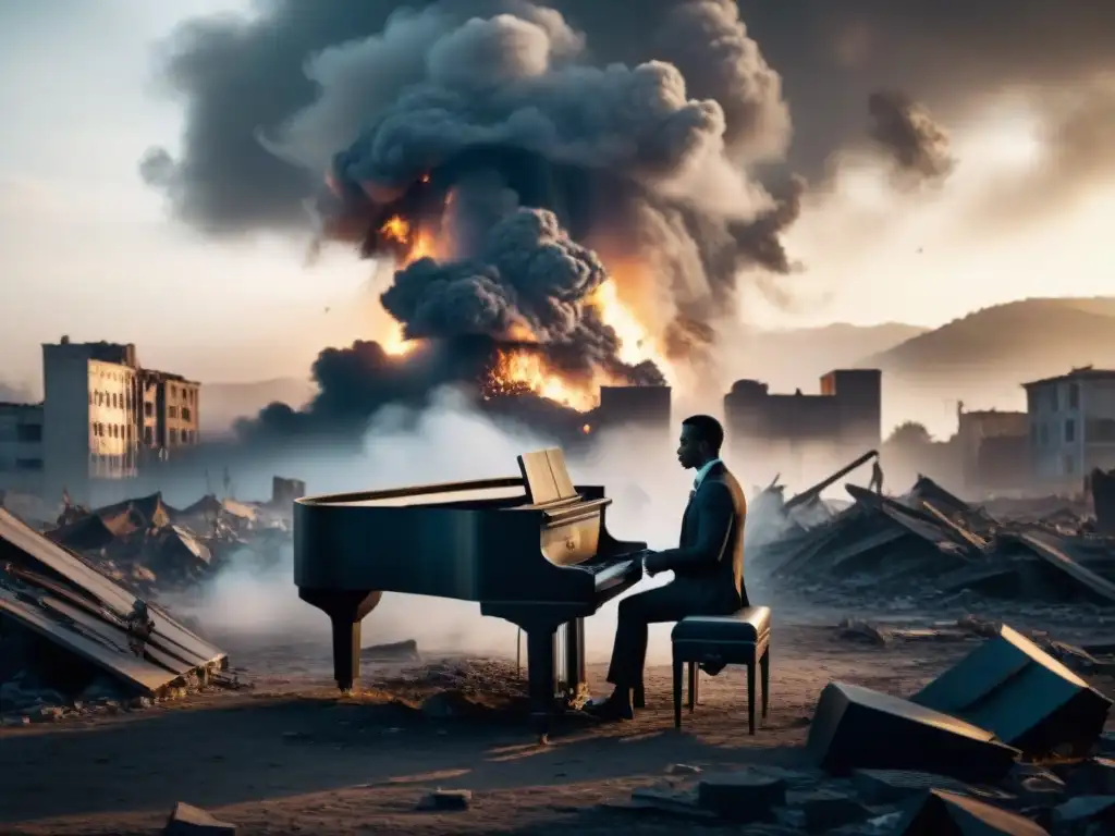 Un pianista solitario interpreta en una ciudad destruida, evocando la supervivencia en el Holocausto