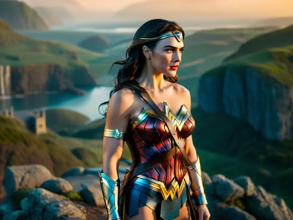 Wonder Woman de pie en un acantilado, reflejando poder femenino y sabiduría