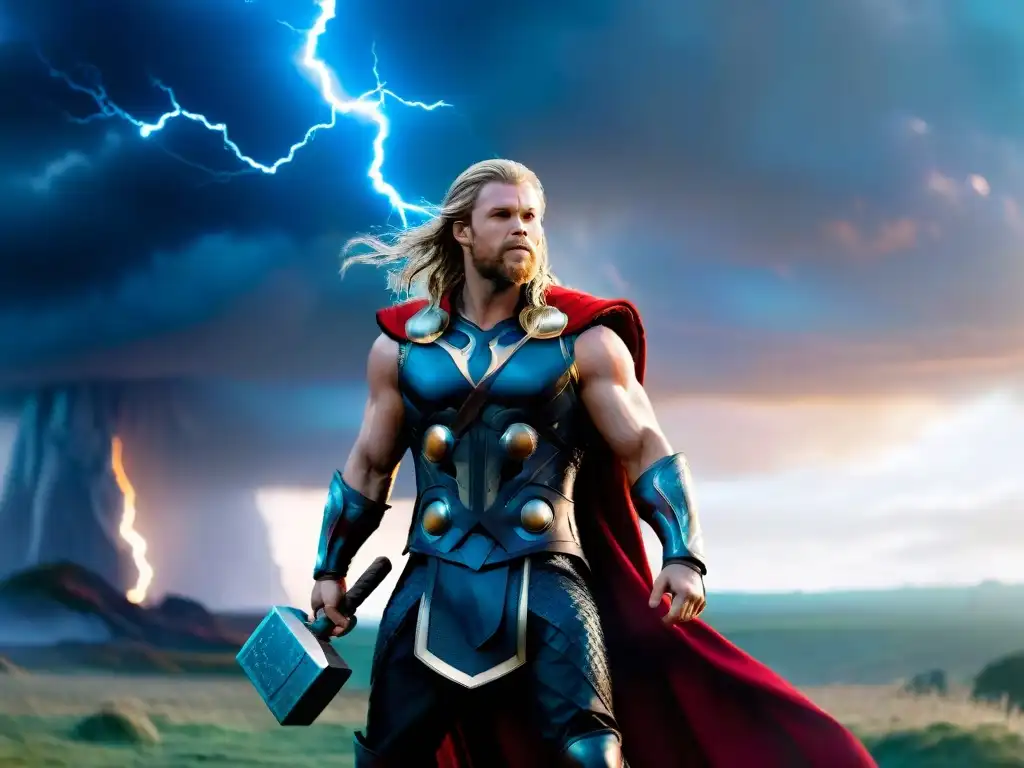 Thor, de pie con Mjolnir, rayos y Asgard al fondo, evoca la mitología nórdica en Thor