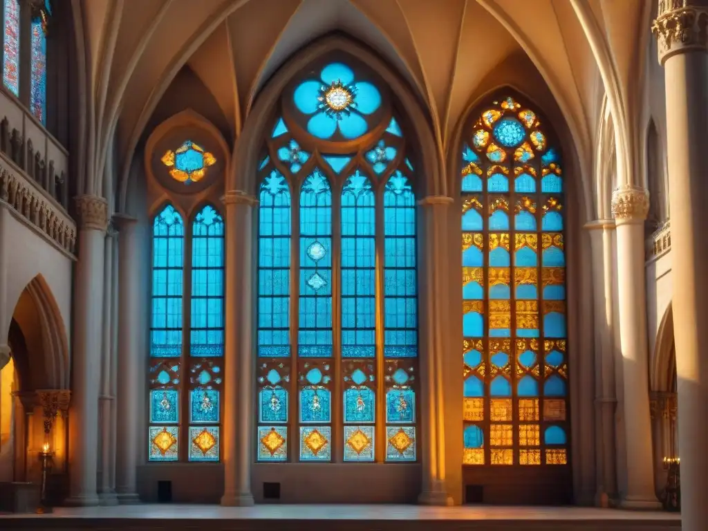 Los Pilares de la Tierra: majestuosa catedral medieval al atardecer, con detalladas esculturas y vitrales iluminados por la hora dorada