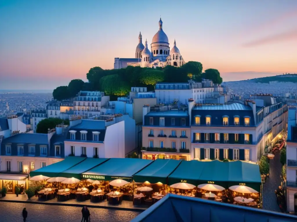 Pintoresco atardecer en Montmartre, París, con calles empedradas y la Basílica del Sagrado Corazón al fondo