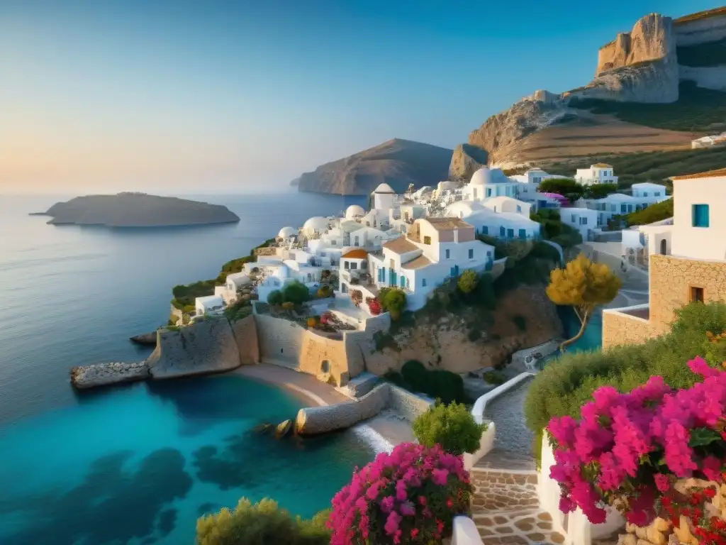 Pintoresco pueblo costero en Grecia al atardecer, con casas blancas, bougainvilleas y mar de color turquesa, evocando mitología griega en Mamma Mia