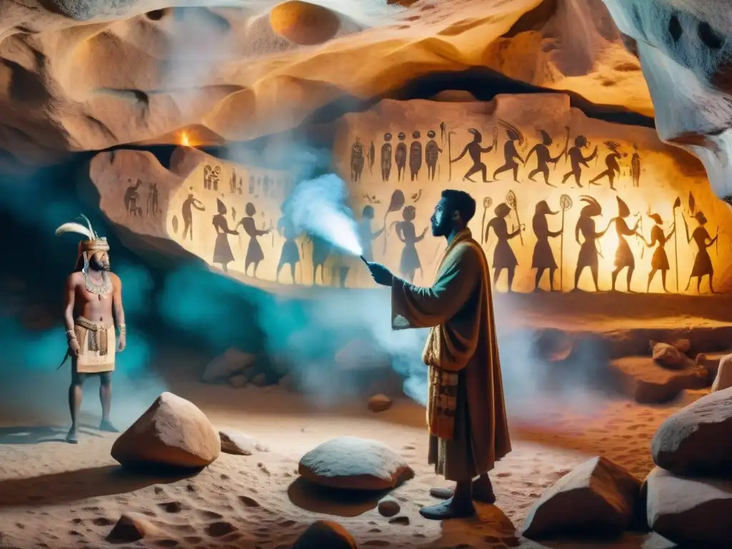 Pintura rupestre intrincada y mística de espíritus antiguos en formas y figuras, iluminados por antorcha en cueva