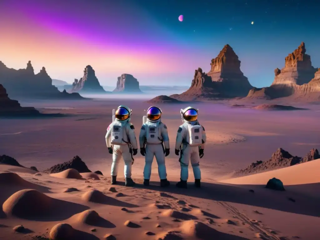 Exploración en un planeta alienígena con astronautas en trajes espaciales, rodeados de paisajes misteriosos