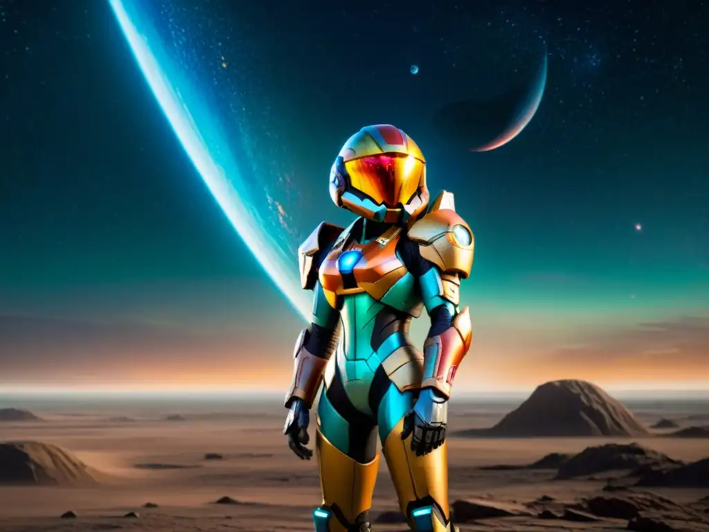 En un planeta alienígena desolado, Samus Aran con su traje Varia Suit muestra fuerza y determinación bajo los anillos vibrantes en el cielo estrellado