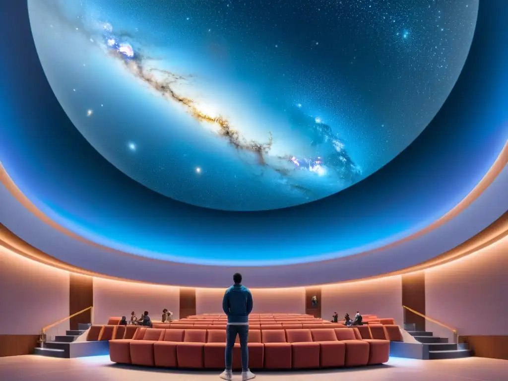 Un planetario futurista bañado en luz azul muestra una escena cósmica, con una audiencia diversa admirando el espectáculo