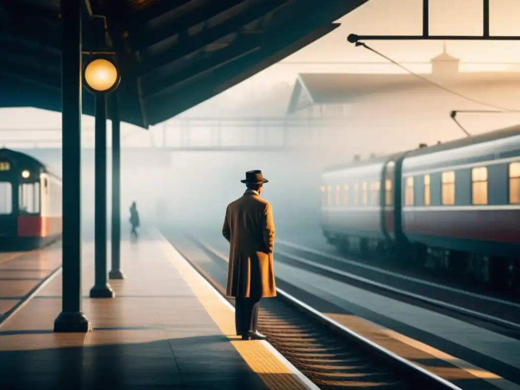 En la plataforma de una estación de tren neblinosa al amanecer, una figura solitaria contempla el horizonte