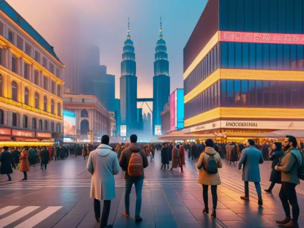 Una plaza urbana vibrante al atardecer, con personas de diversas culturas interactuando