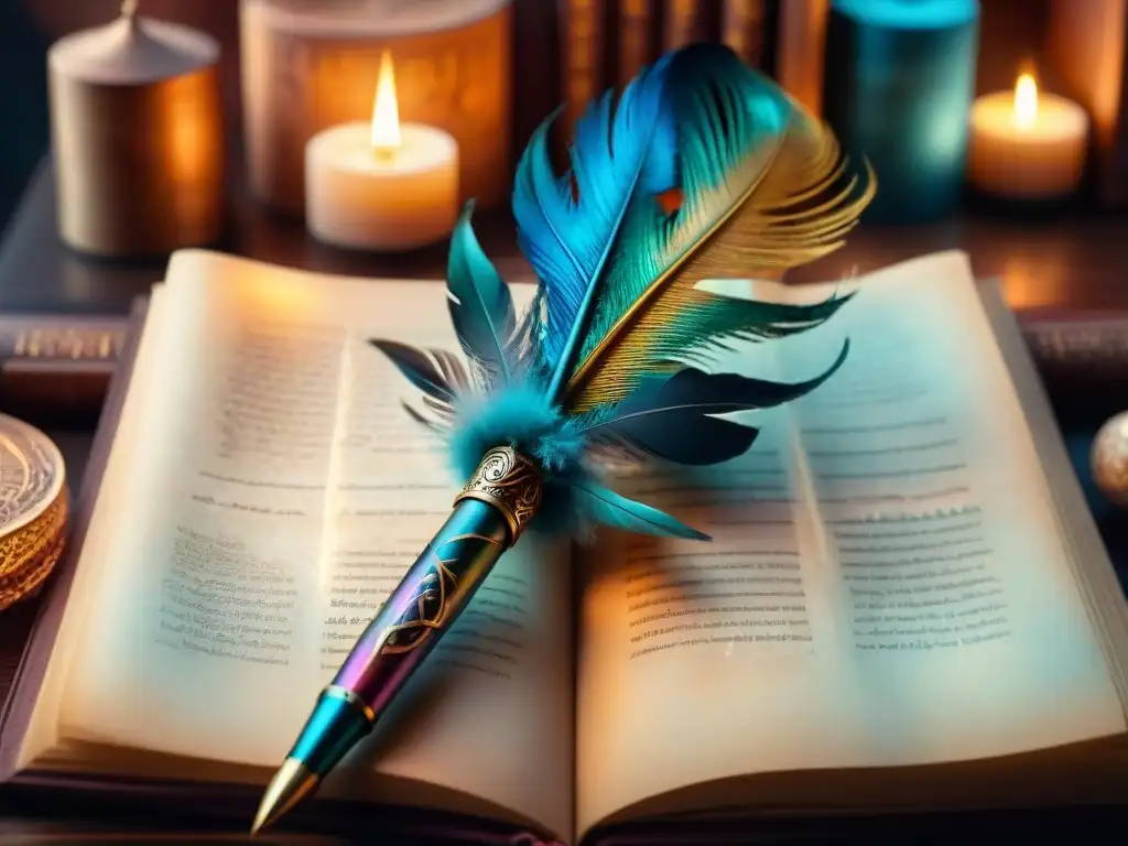 Pluma mística de plumas de fénix sobre pergamino antiguo iluminado por tinta mágica en biblioteca