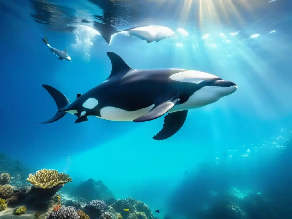 Un pod de majestosas orcas nada elegantemente en aguas azules cristalinas, capturando la belleza submarina de 'Mundos submarinos Blue Planet II'