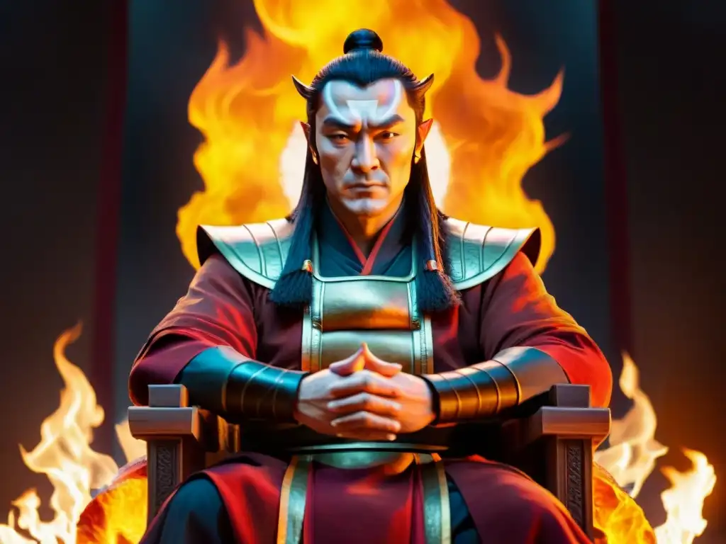 El poder autoritario de Fire Lord Ozai se refleja en su trono, rodeado de llamas