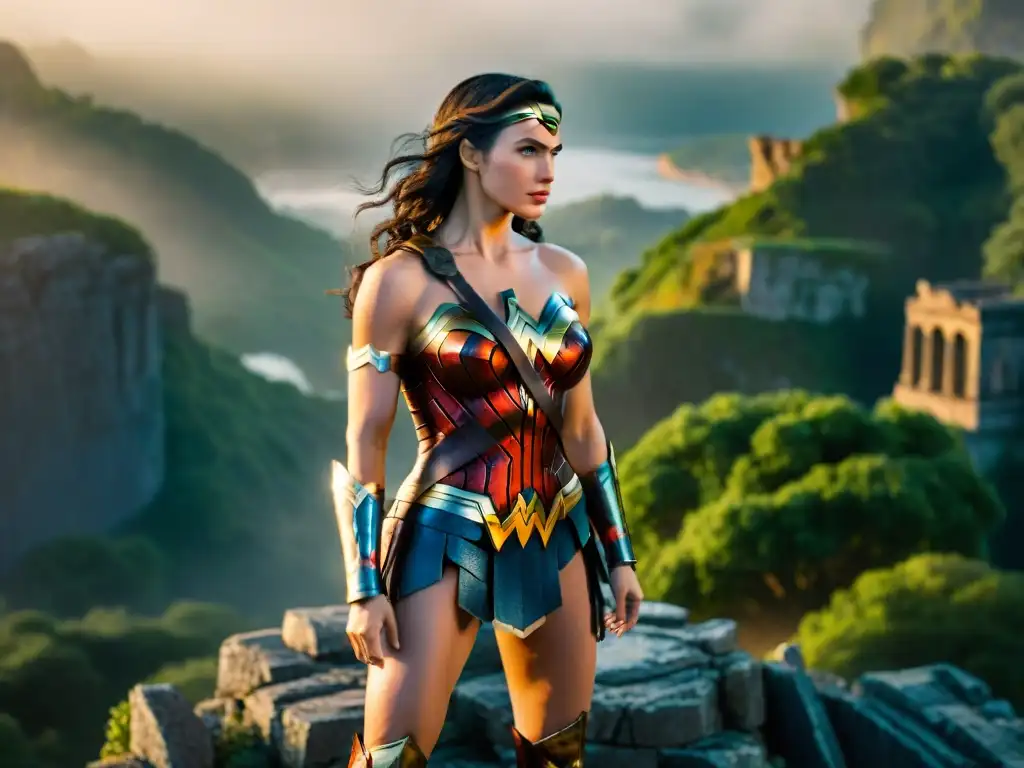 Diana Prince, como Wonder Woman, irradia poder y gracia en un acantilado, destacando el rol mujer en Wonder Woman