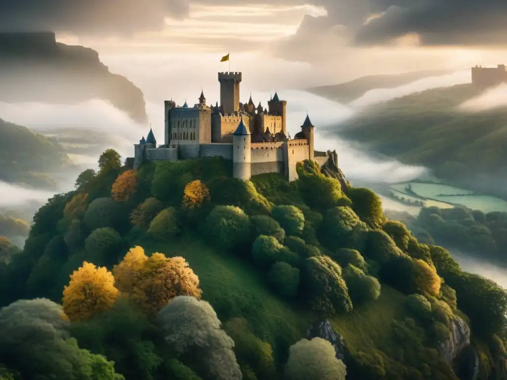 Poder político en Westeros: imponente castillo medieval en acantilado rocoso, rodeado de bosques y un reino vasto