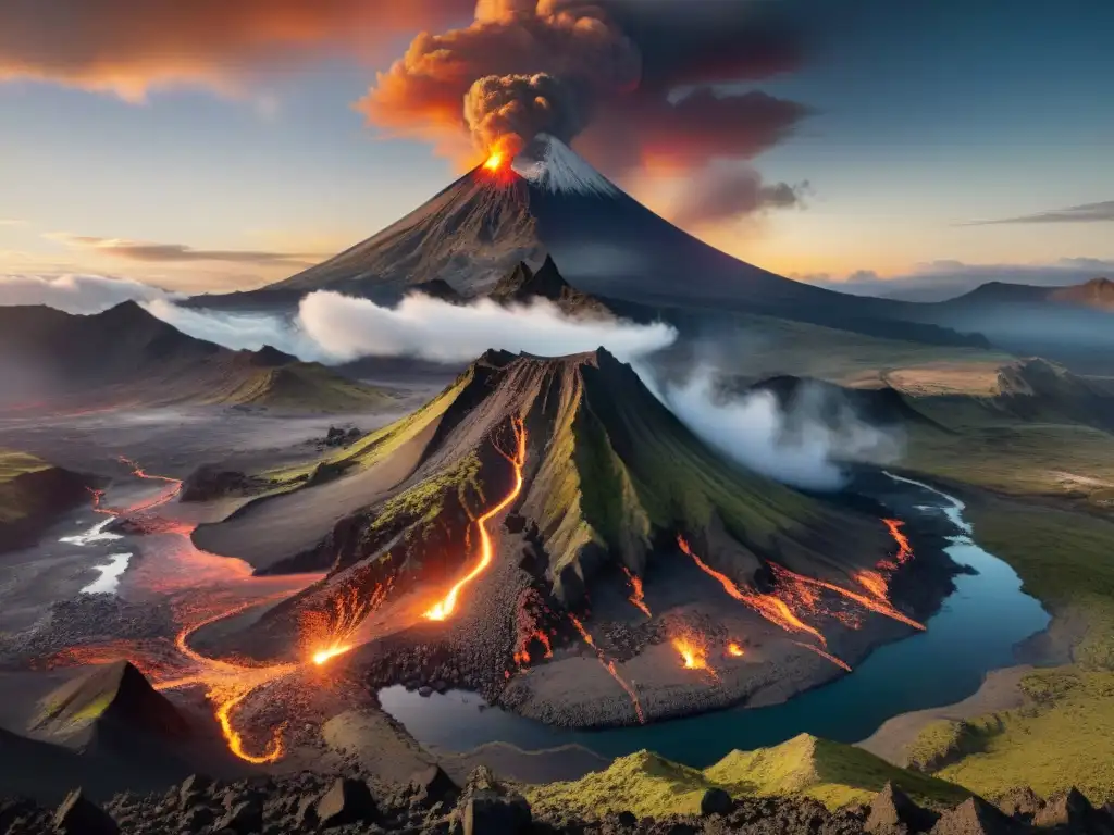 La poderosa imagen del Monte del Destino se alza amenazadoramente contra un cielo de atardecer ardiente, revelando su compleja geología comparativa