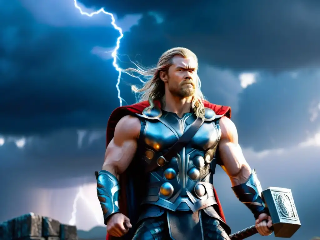 Thor, el poderoso dios nórdico del trueno, empuña Mjolnir y convoca relámpagos bajo nubes tormentosas