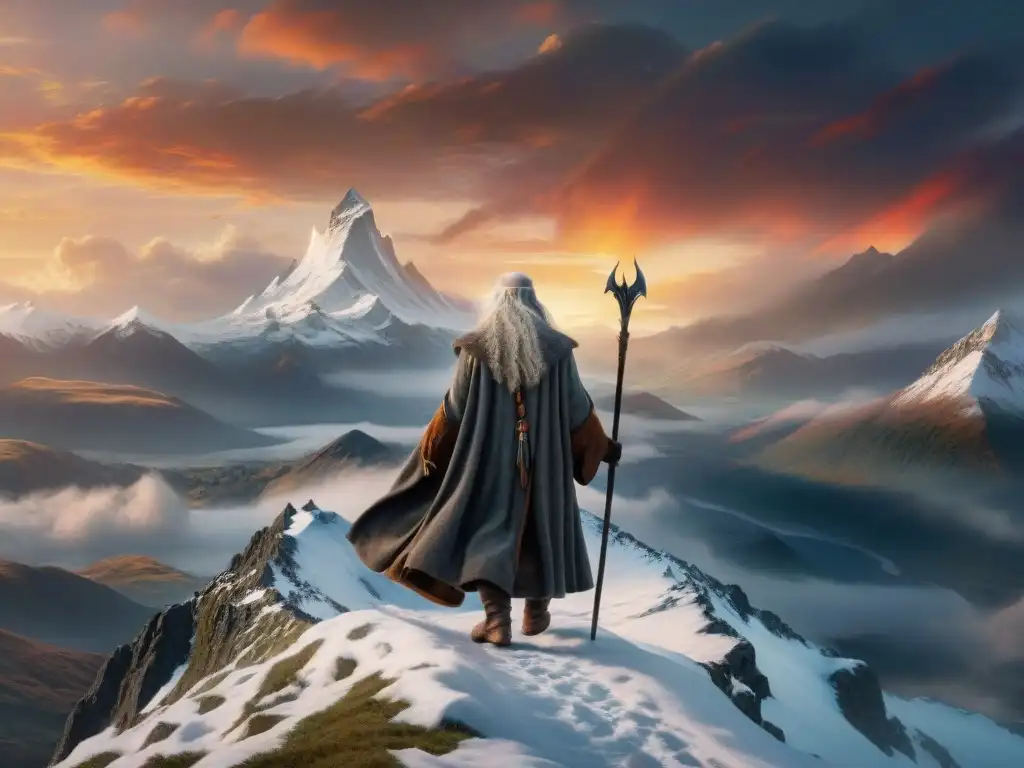 El poderoso Gandalf el Gris en la cumbre nevada de las Montañas Nubladas al atardecer, transmitiendo sabiduría y determinación