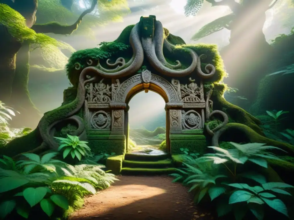 Un portal antiguo de piedra en un bosque místico, iluminado por luz etérea