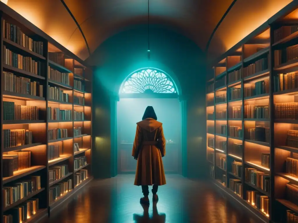 Un portal brillante en una biblioteca misteriosa, con libros antiguos y figuras en sombras