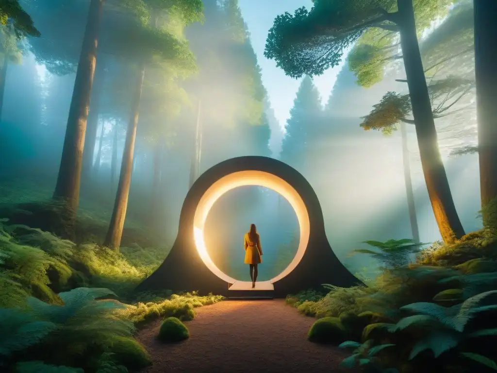 Un portal brillante en el bosque al atardecer, evocando misterio y aventura