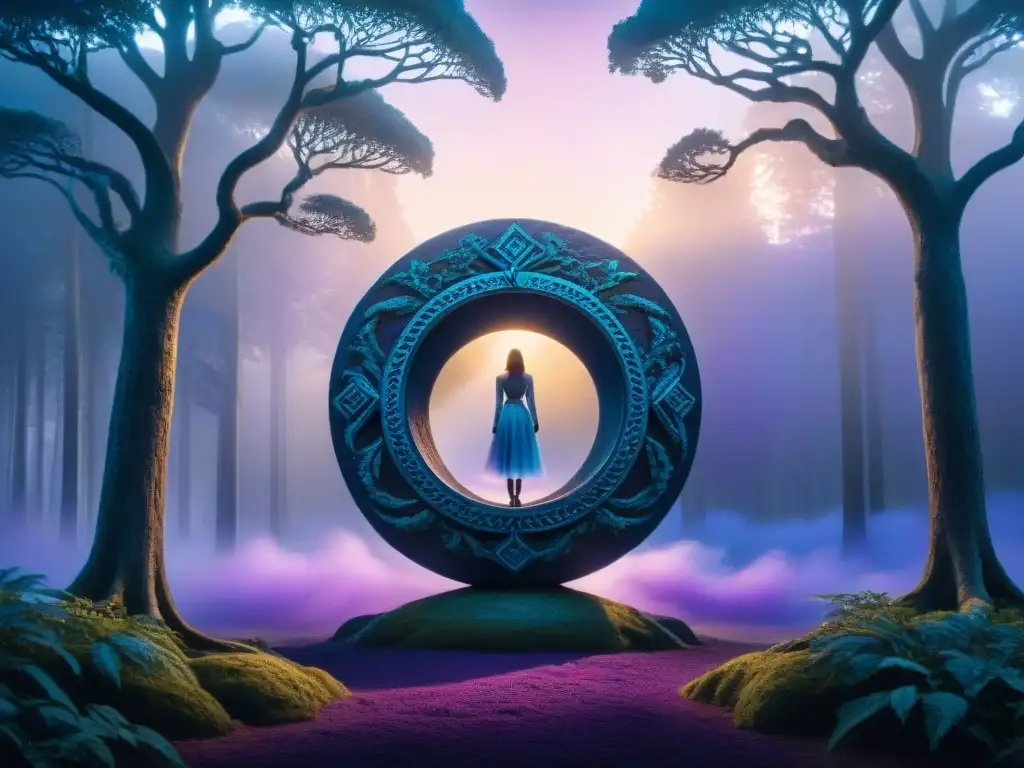 Portal místico en bosque encantado: ilustración detallada Un portal brillante en un bosque místico, con colores violeta y azul, evocando dimensiones paralelas en literatura