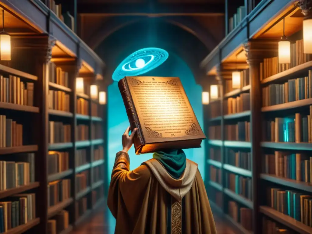 Un portal brillante con lenguajes interdimensionales en la ficción, libros antiguos y una figura misteriosa en una biblioteca iluminada