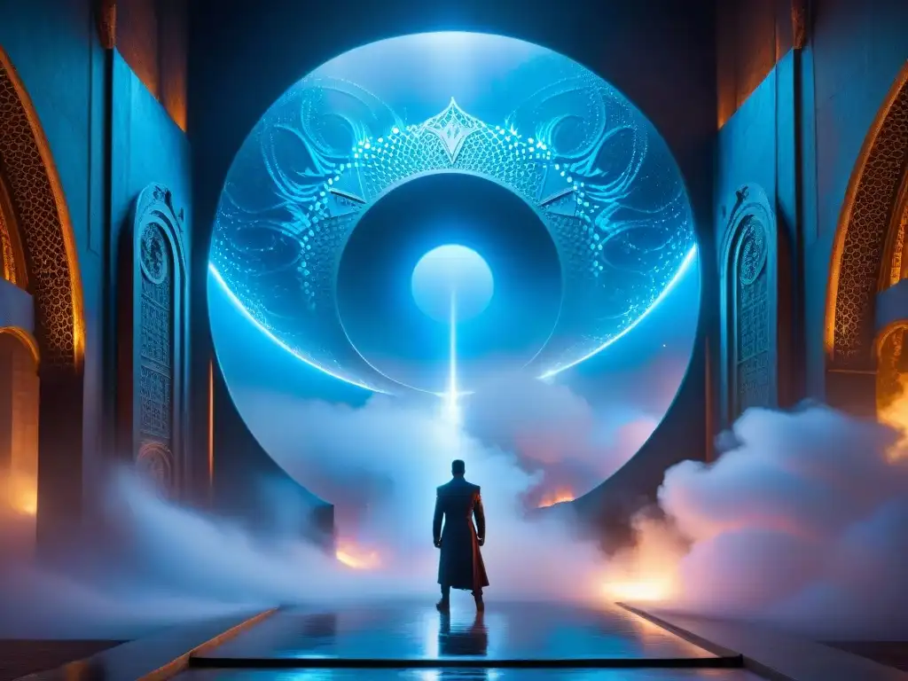 Portal dimensional con entidades misteriosas Portal dimensional brillante con energía azul y figuras sombrías observando